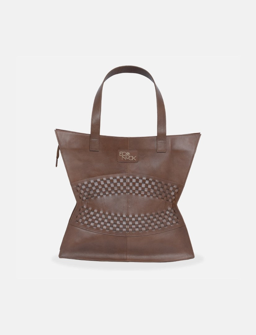 brown leather tote bag with woven central design and two top handles on white background