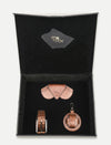 Timeless tan leather gift box set with handcrafted wallet, belt, and keychain in black velvet case