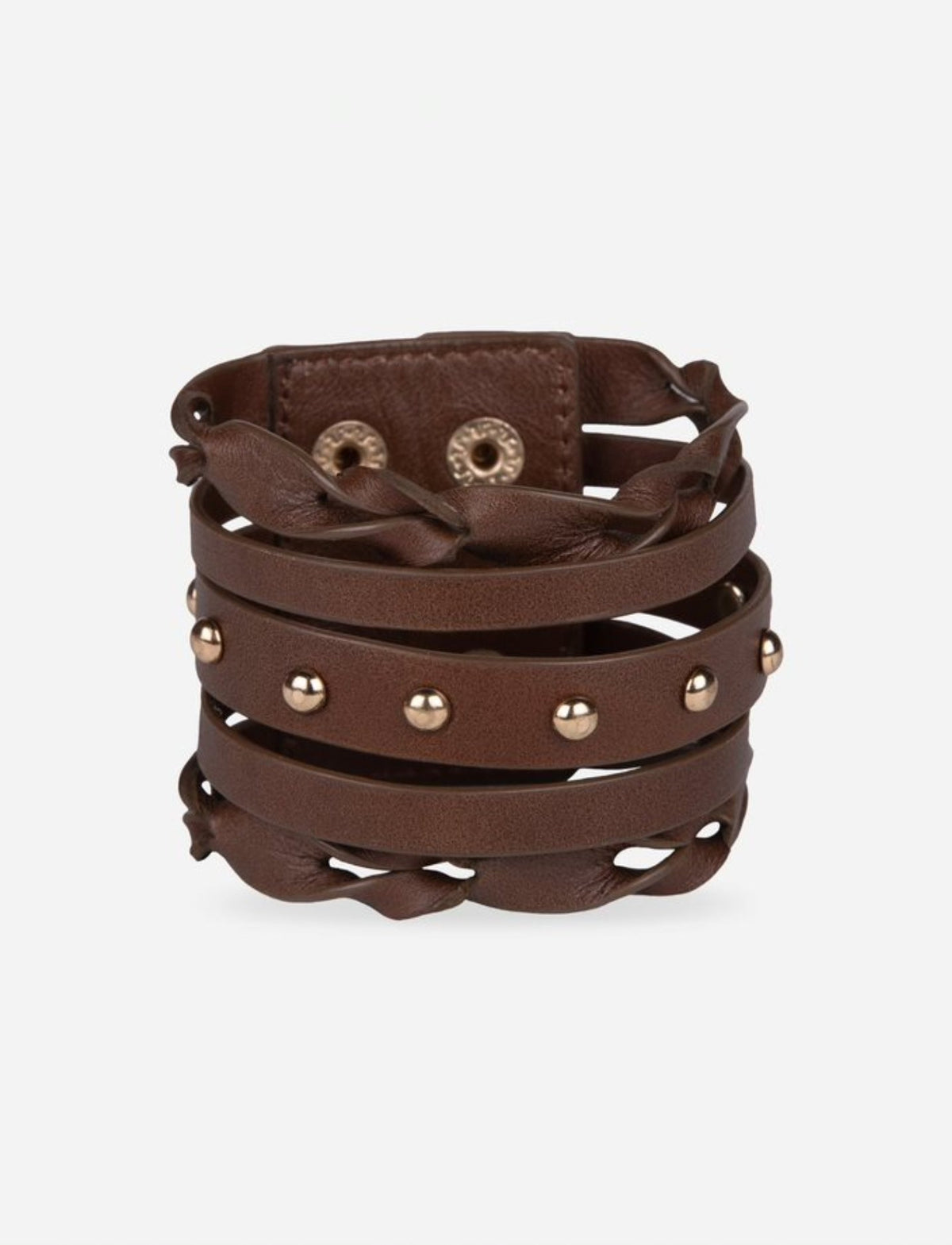 Brown braided leather wrap bracelet with metal studs and snap closure on white background
