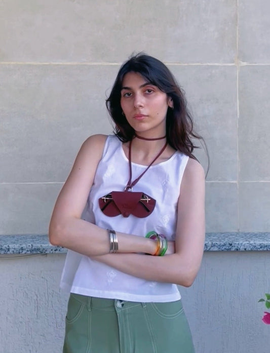 Designer leather Eyewear accessory Sunglass case Red Burgundy with lanyard worn on day event