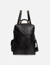 Black leather backpack with central woven design and adjustable straps on white background