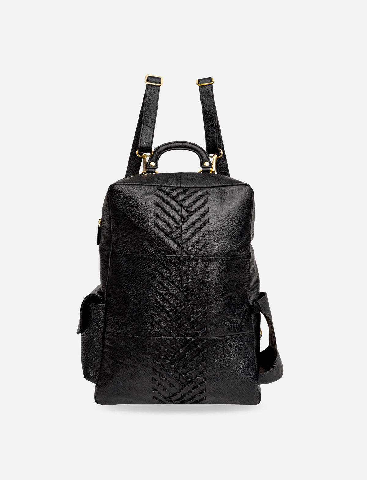 Black leather backpack with central woven design and adjustable straps on white background