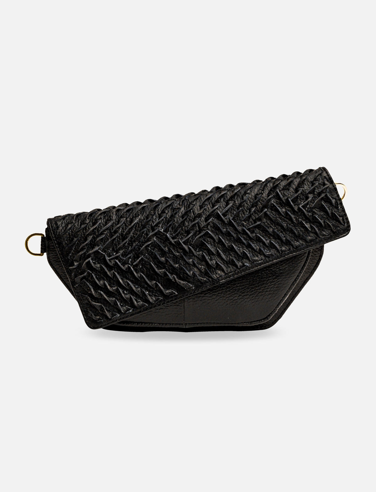 Black textured leather crossbody bag with diagonal woven flap and gold rings on sides