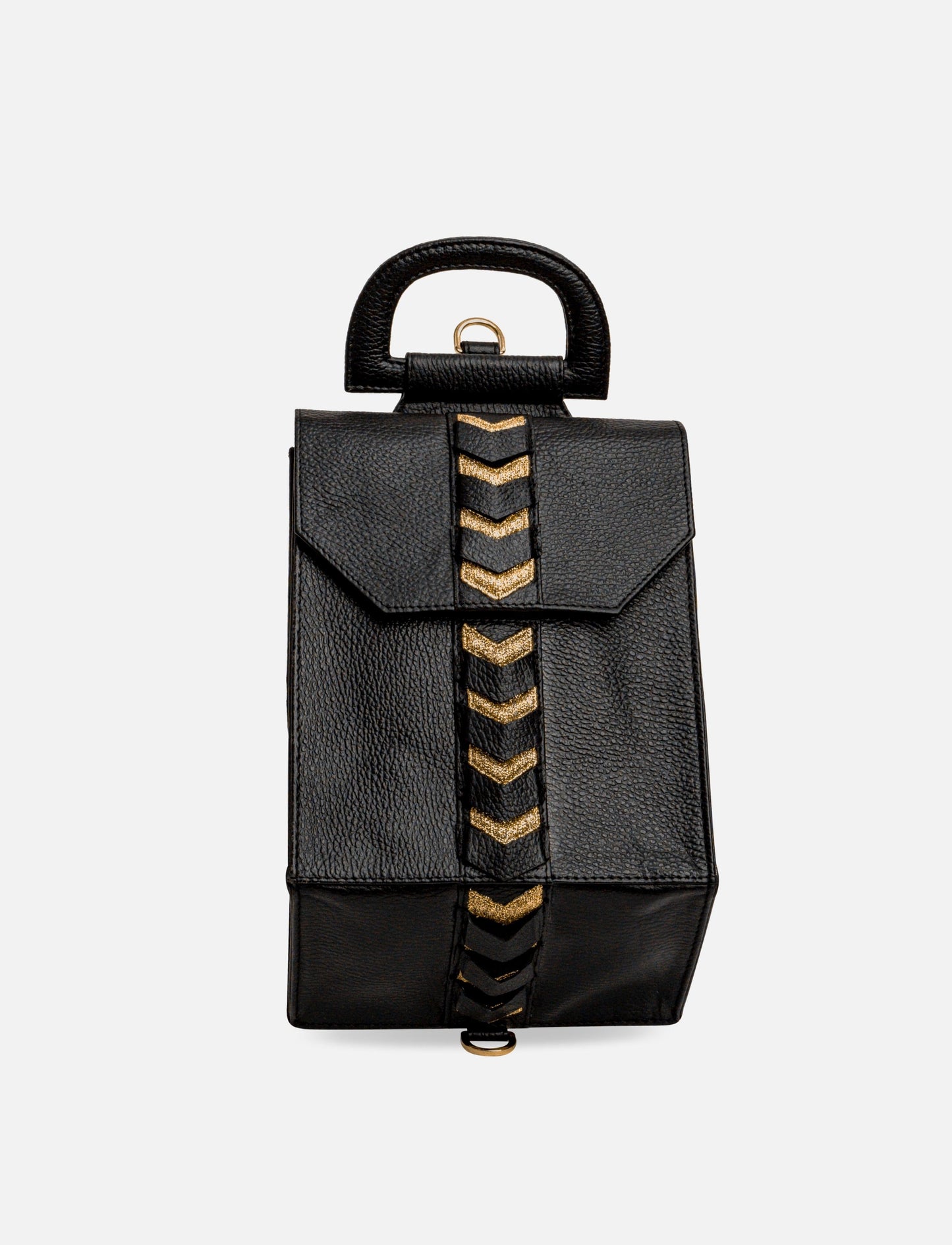 Black leather backpack with structured handle and gold chevron detailing on front