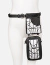 Black leather thigh bag with white geometric applique patterns and adjustable belt on mannequin