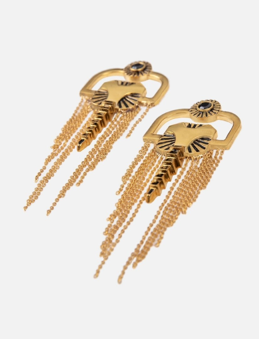 Pair of gold-tone metal earrings with black enamel details and multiple dangling chains on white background
