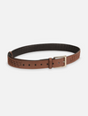 Timeless tan leather men's waist belt with woven detailing and metal buckle on white background