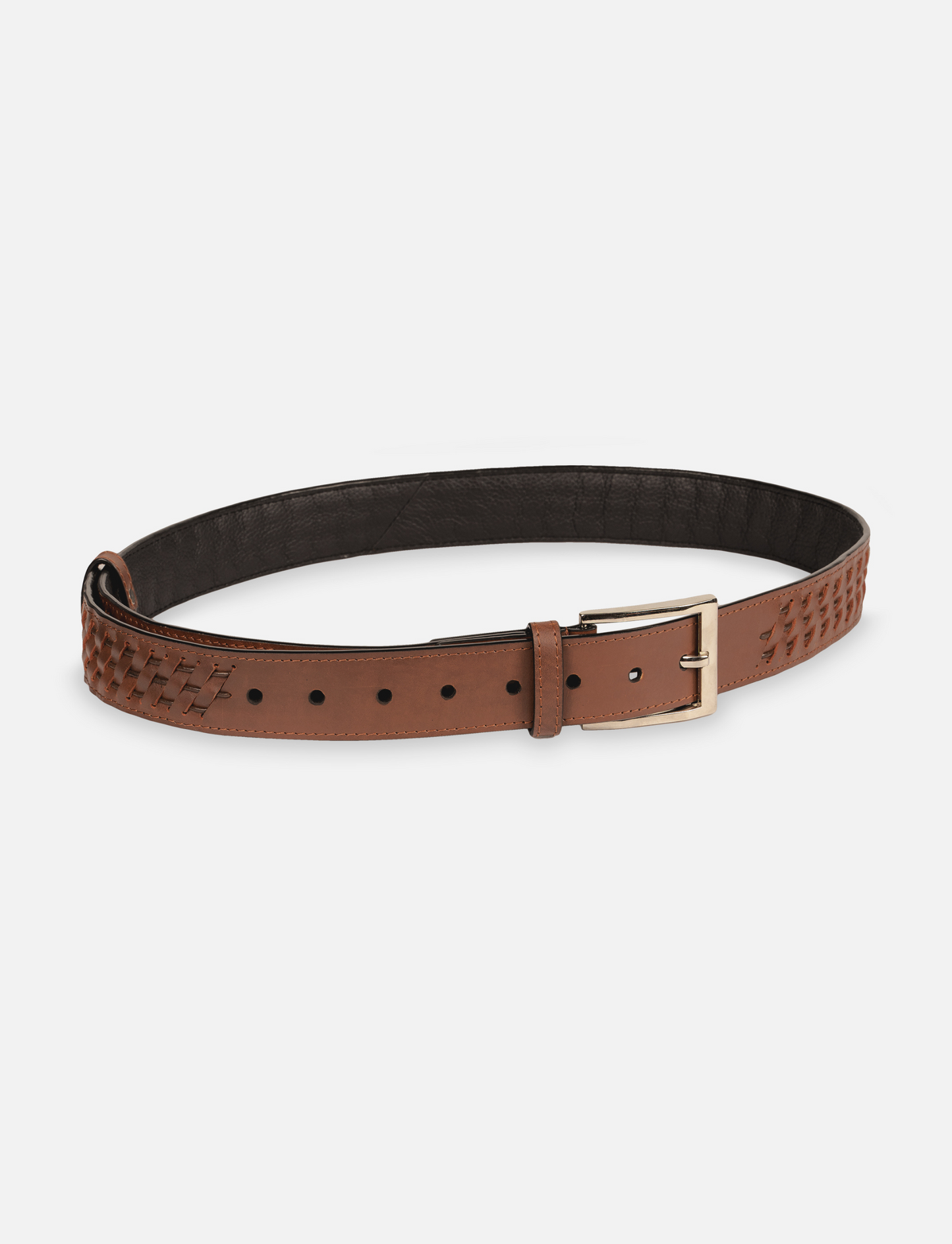 Timeless tan leather men's waist belt with woven detailing and metal buckle on white background