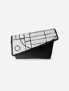 Black and white leather trifold wallet with geometric line design and embossed logo