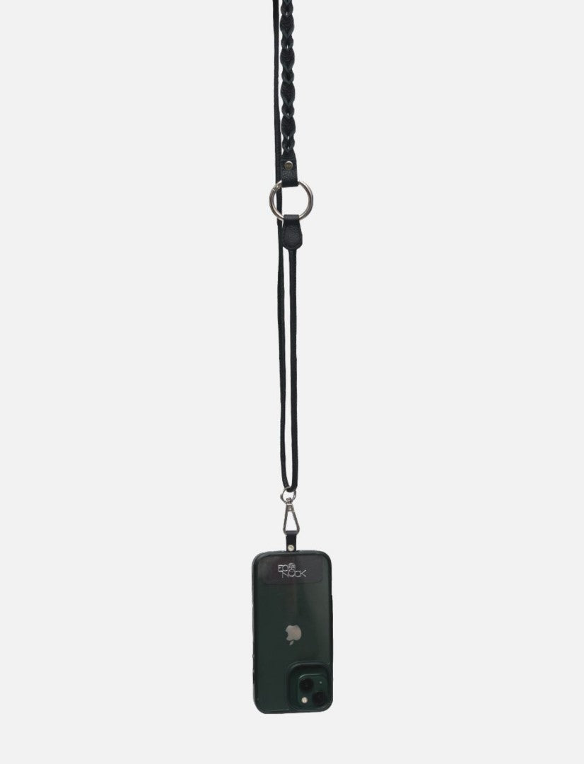 Black iPhone hanging on a braided black leather sling with metal clasp on white background