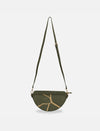 Timeless olive green half-moon sling bag with gold branch design and adjustable strap on white background