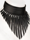 Black leather choker necklace with multiple long fringe strips on white mannequin