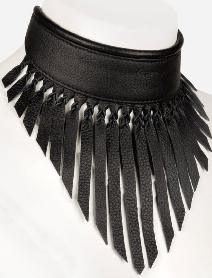 Black leather choker necklace with multiple long fringe strips on white mannequin