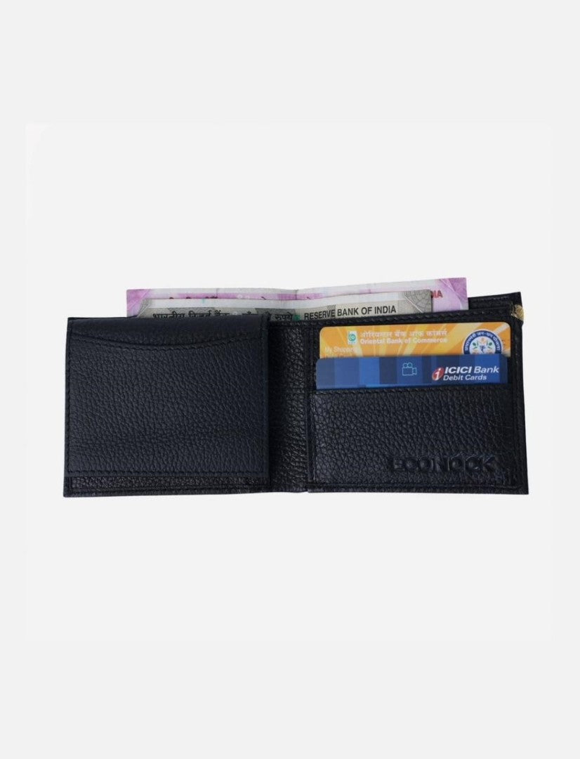 Black leather bifold wallet with Indian currency notes and ICICI Bank debit card inside on white background