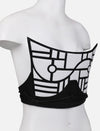 Black and white geometric applique leather corset on mannequin, handcrafted in India