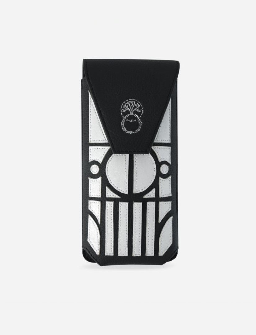 Black and white upcycled leather phone sling with geometric applique and etched tree logo