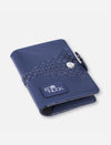 Timeless metallic blue leather upcycled passport cover with woven detail and snap button