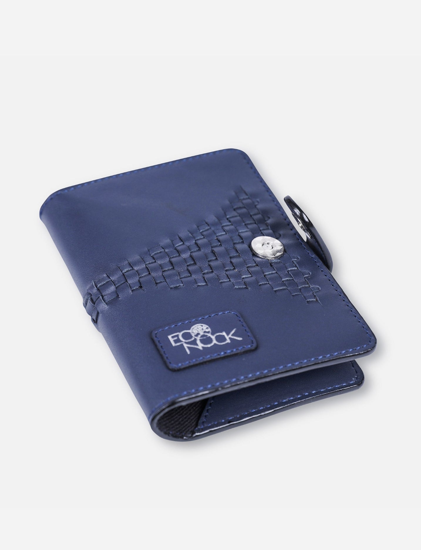 Timeless metallic blue leather upcycled passport cover with woven detail and snap button