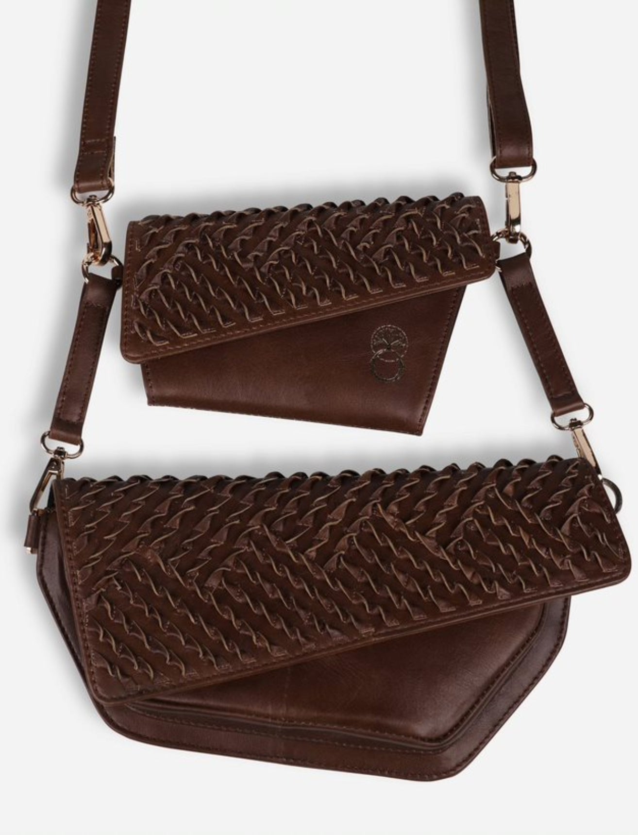 Handcrafted dark brown leather crossbody bag and wallet with woven texture detail and adjustable straps