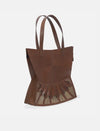 Brown upcycled leather tote bag with gold embroidered fan-shaped design and dual straps