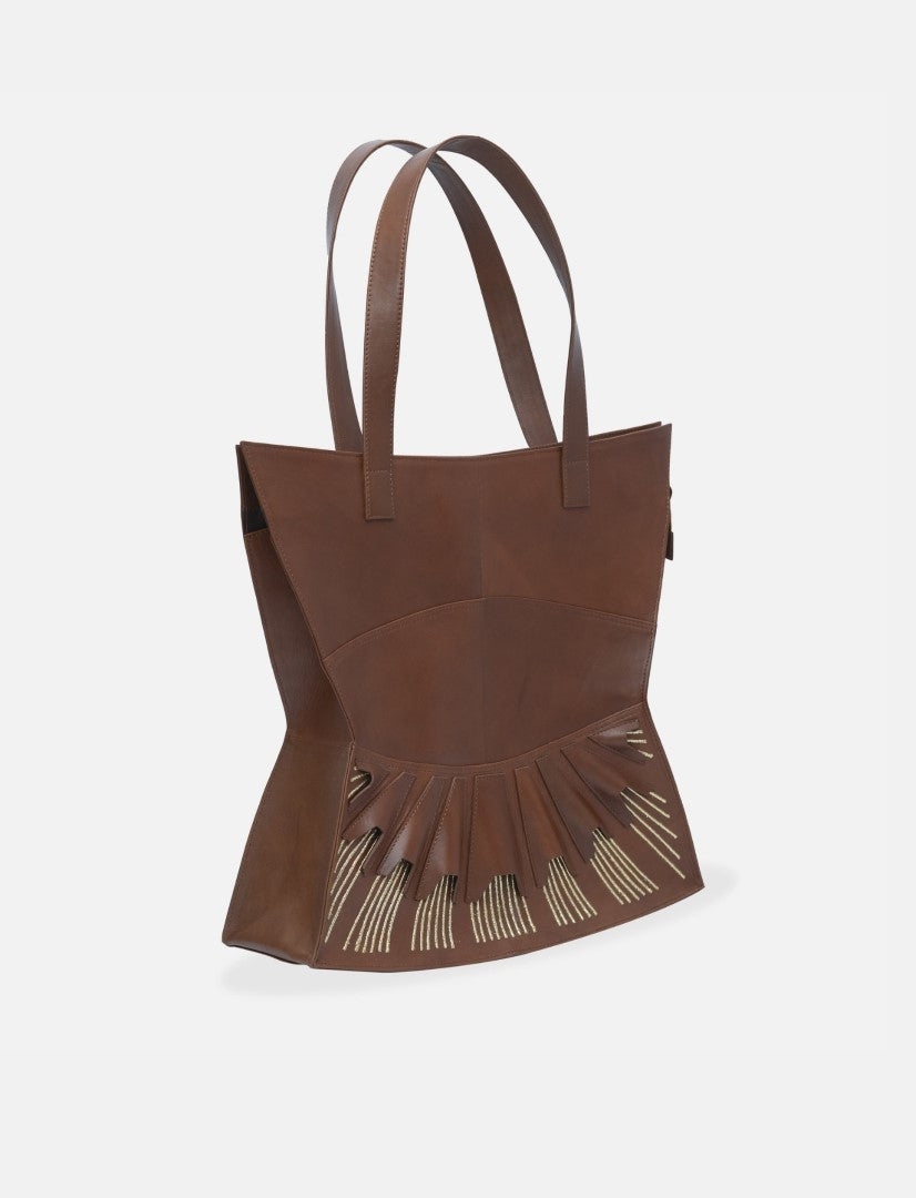 Brown upcycled leather tote bag with gold embroidered fan-shaped design and dual straps