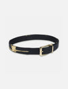 Black leather waist belt with gold embroidered design and gold metal buckle on white background