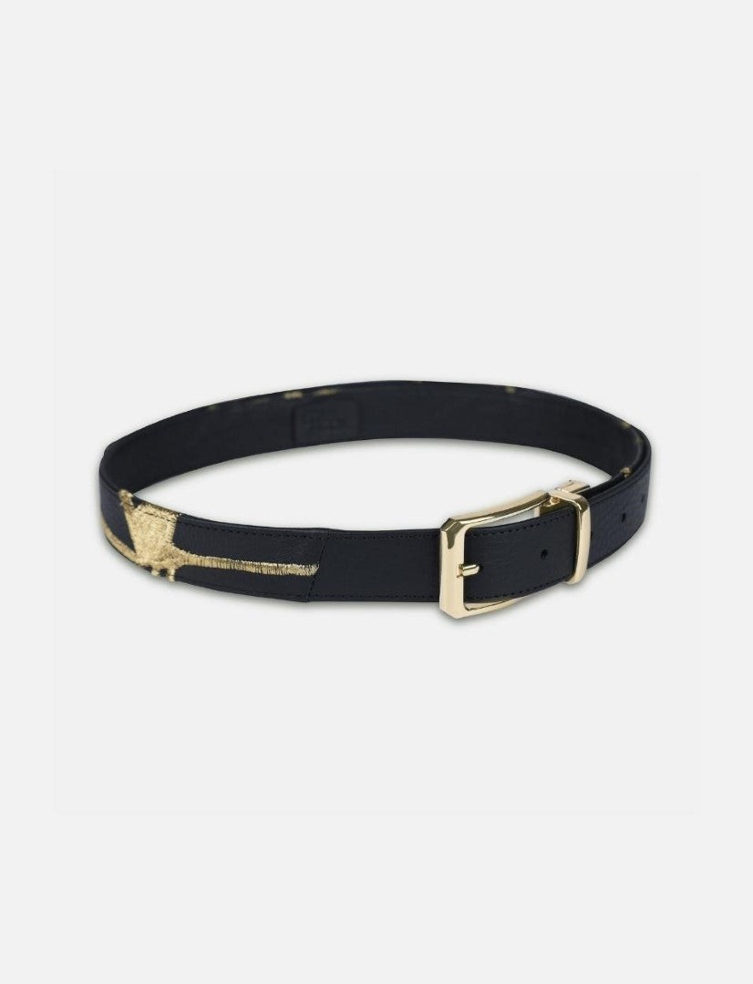 Black leather waist belt with gold embroidered design and gold metal buckle on white background