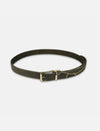 Timeless olive green leather waist belt with gold embroidered detail and adjustable buckle