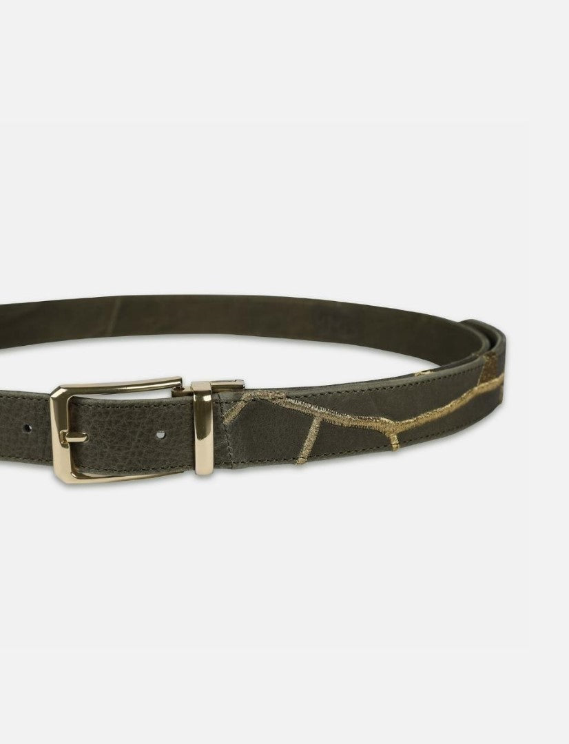 Timeless olive leather waist belt with gold embroidered detail and gold buckle on white background