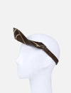 Timeless tan leather visor hat with gold embroidered details on white mannequin head