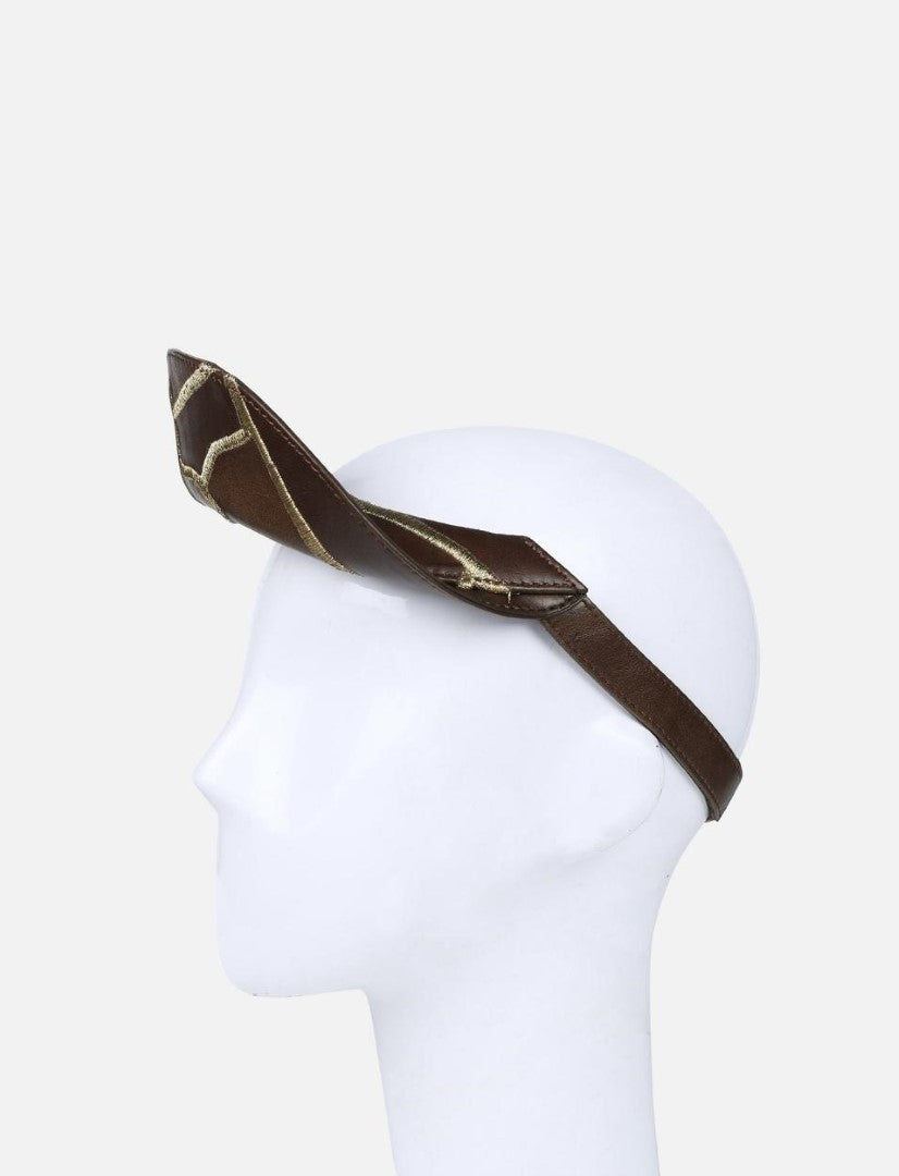 Timeless tan leather visor hat with gold embroidered details on white mannequin head
