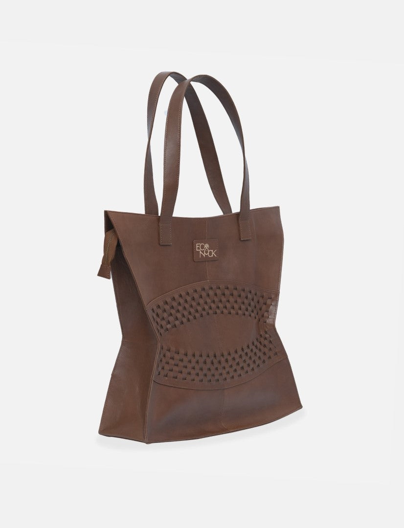 Brown upcycled leather tote bag with woven pattern and double straps, handcrafted in India