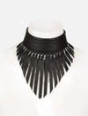 Black upcycled leather choker necklace with fringed strips, handcrafted, displayed on white mannequin