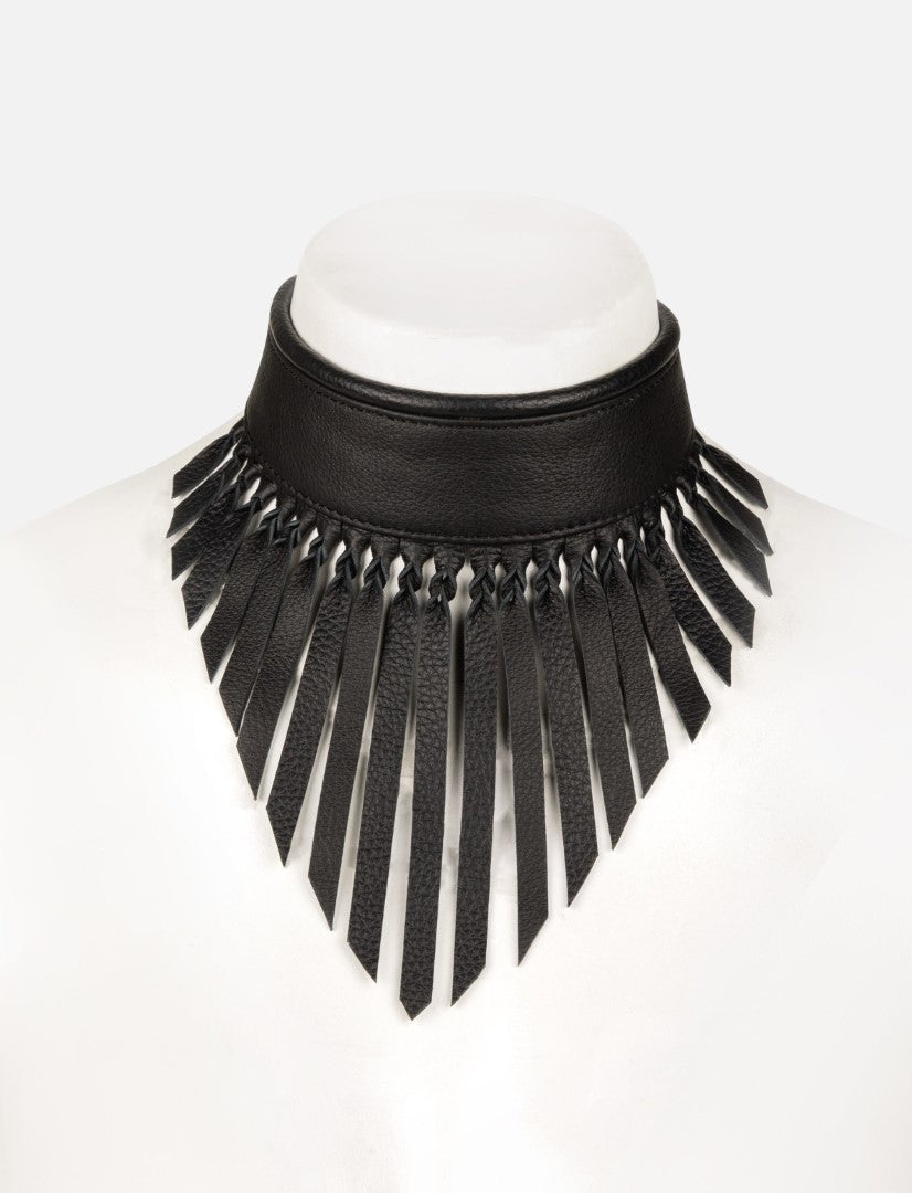 Black upcycled leather choker necklace with fringed strips, handcrafted, displayed on white mannequin