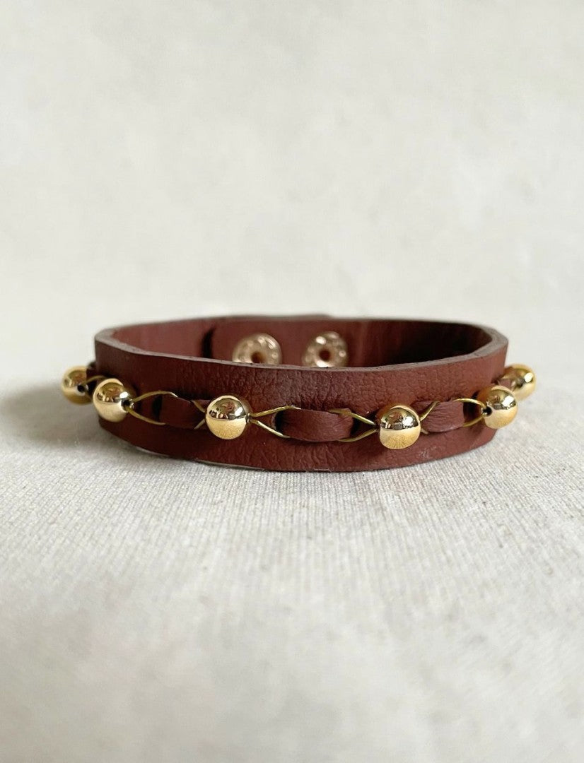 Timeless tan leather bracelet with upcycled beaded gold studs, handcrafted unisex accessory
