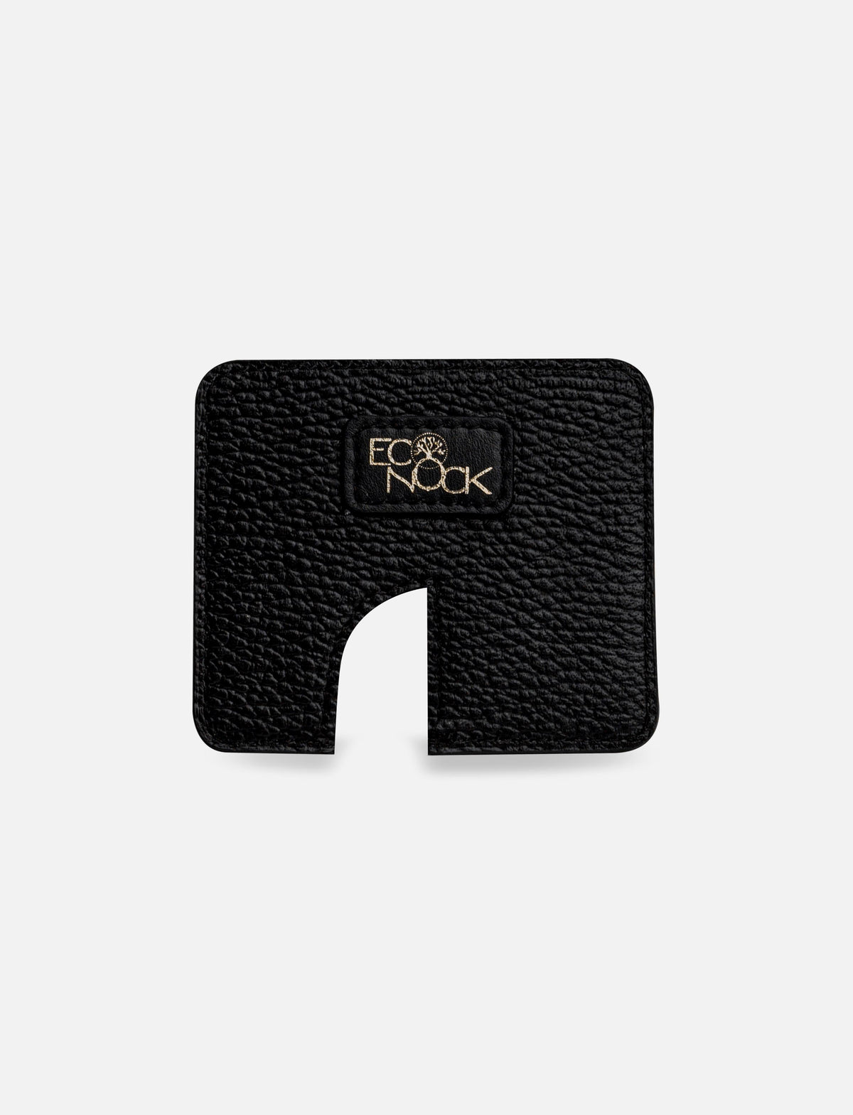 Black textured Eco Nook cardholder with cutout and gold logo on white background