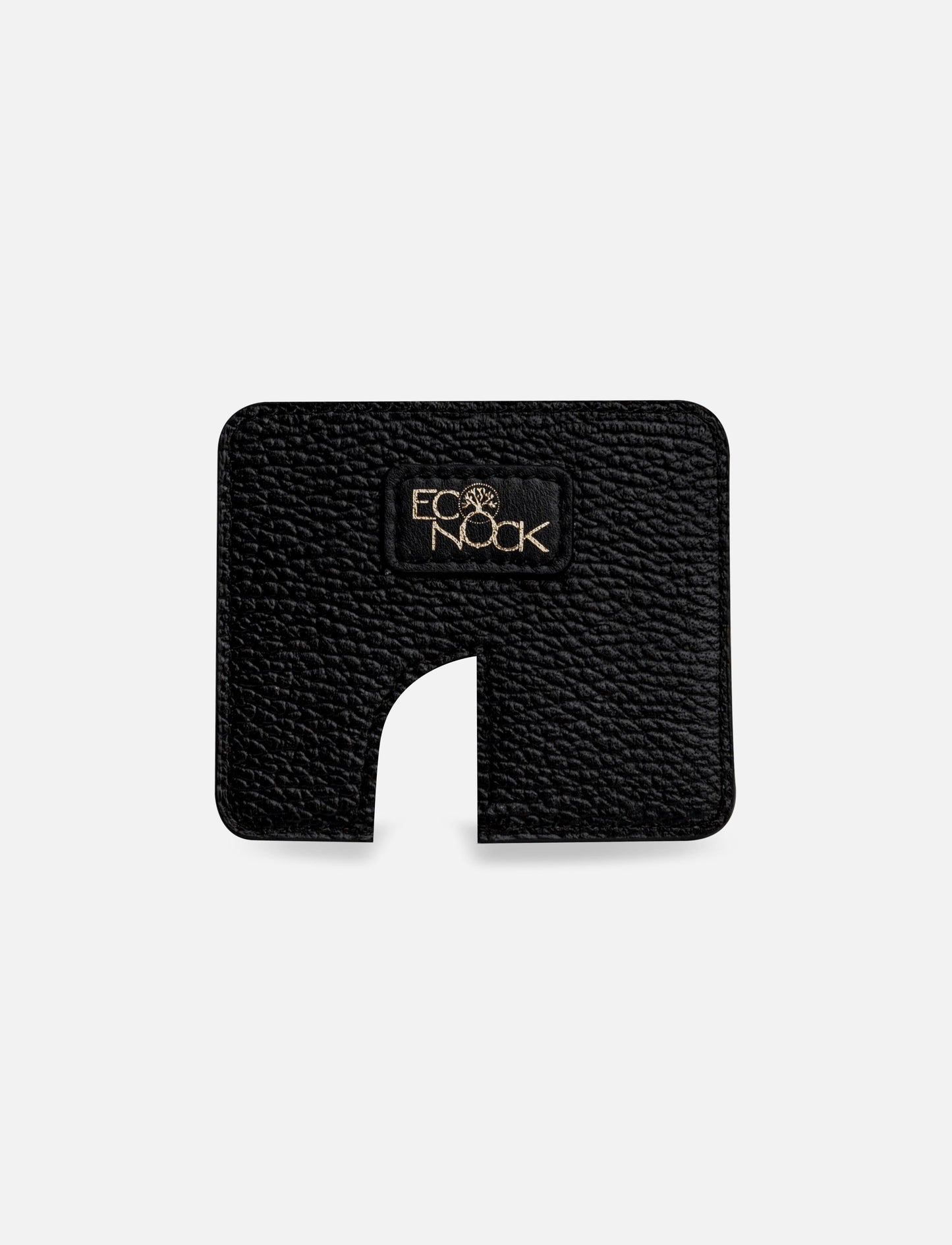 Black textured Eco Nook cardholder with cutout and gold logo on white background