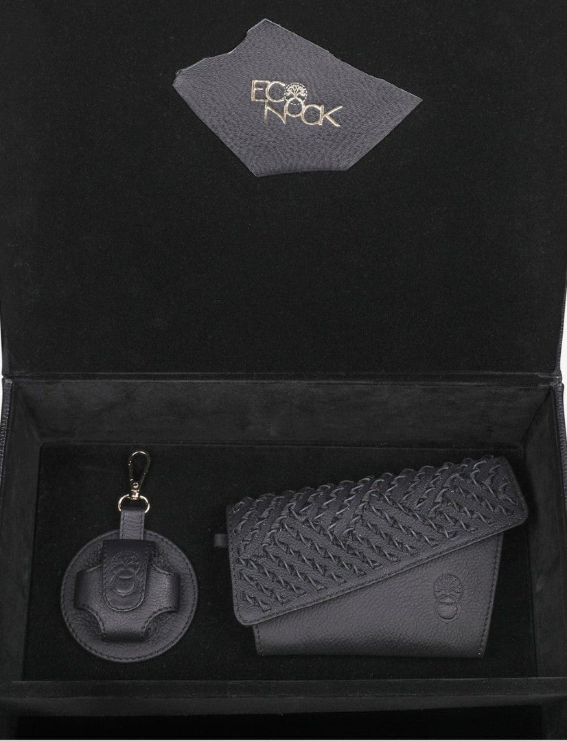 Black luxury leather wallet and keychain set in EcoNook branded black velvet box
