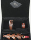 Black gift box with Eco Nook logo containing brown leather belt, bracelet, and leather-covered wine bottle