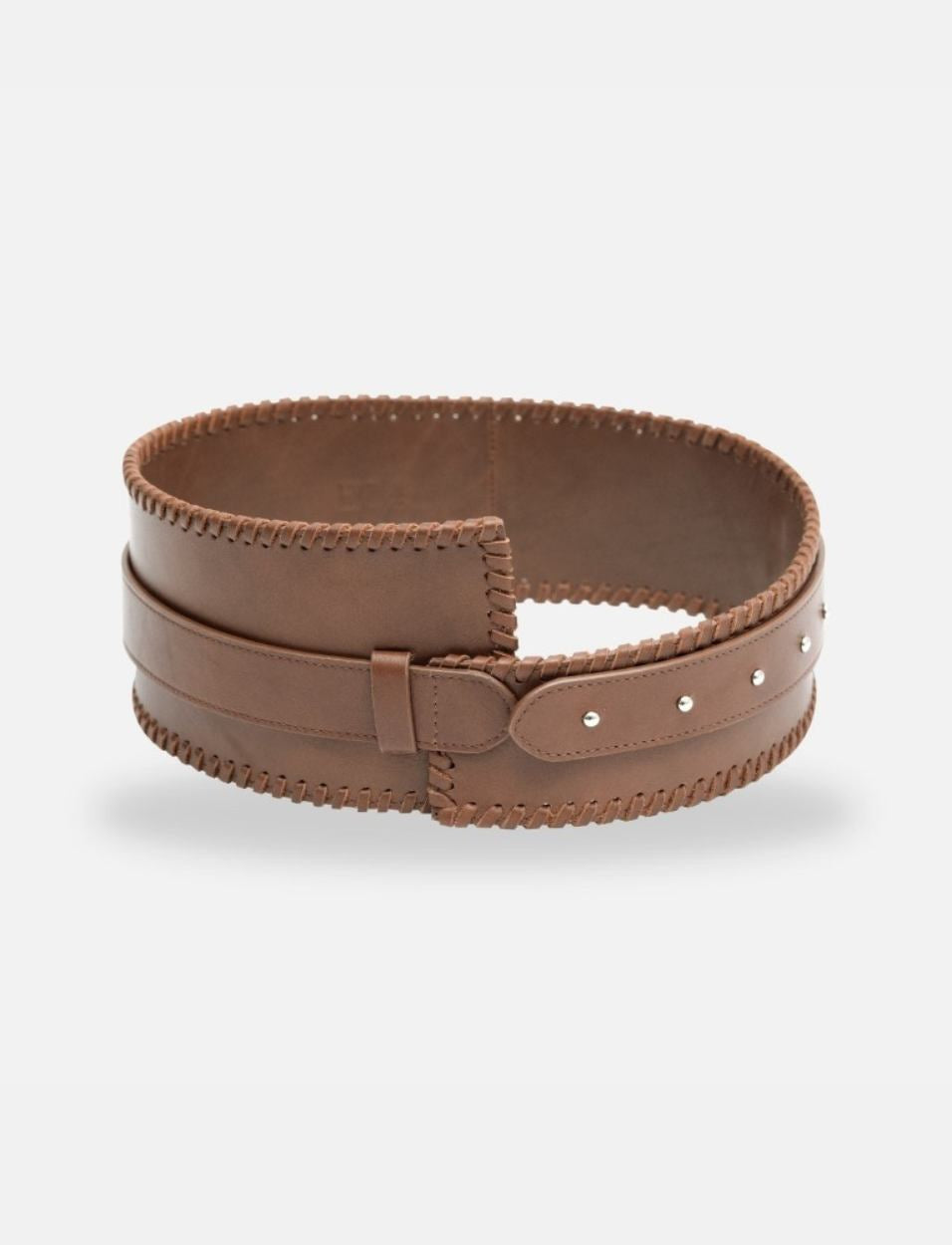 Timeless tan leather waistbelt with woven edges and silver studs, handcrafted in India