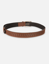Timeless tan leather men's waist belt with woven design and silver buckle