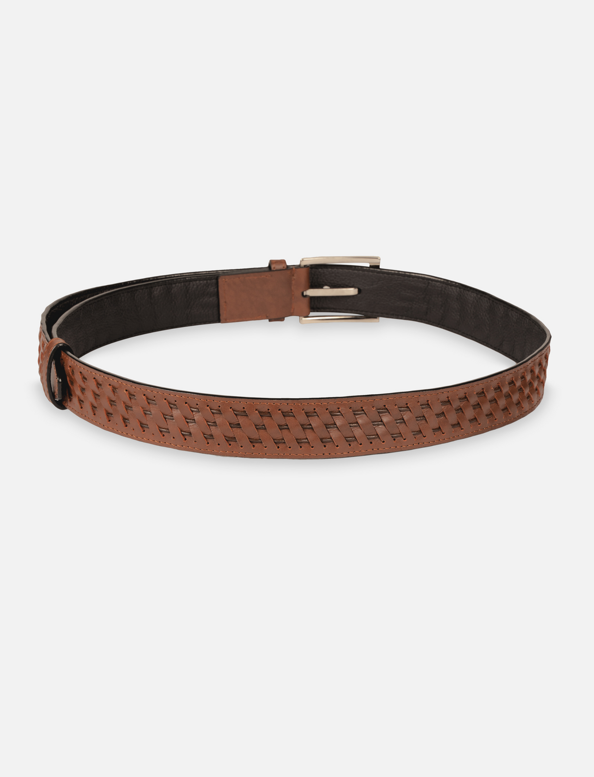 Timeless tan leather men's waist belt with woven design and silver buckle