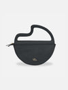 Black semi-circle leather clutch bag with unique handle and gold logo on white background