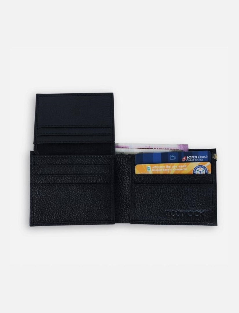 Black leather bifold wallet with multiple card slots and cash compartment, holding bank cards
