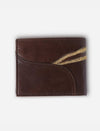 Timeless tan leather men's wallet with gold embroidered accent, handcrafted in India on white background