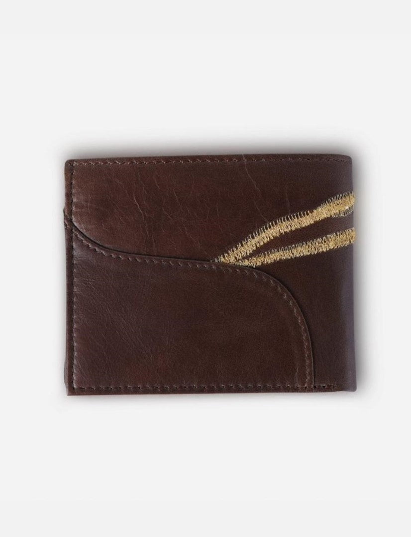 Timeless tan leather men's wallet with gold embroidered accent, handcrafted in India on white background