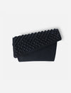 black leather trifold wallet with woven textured flap on white background