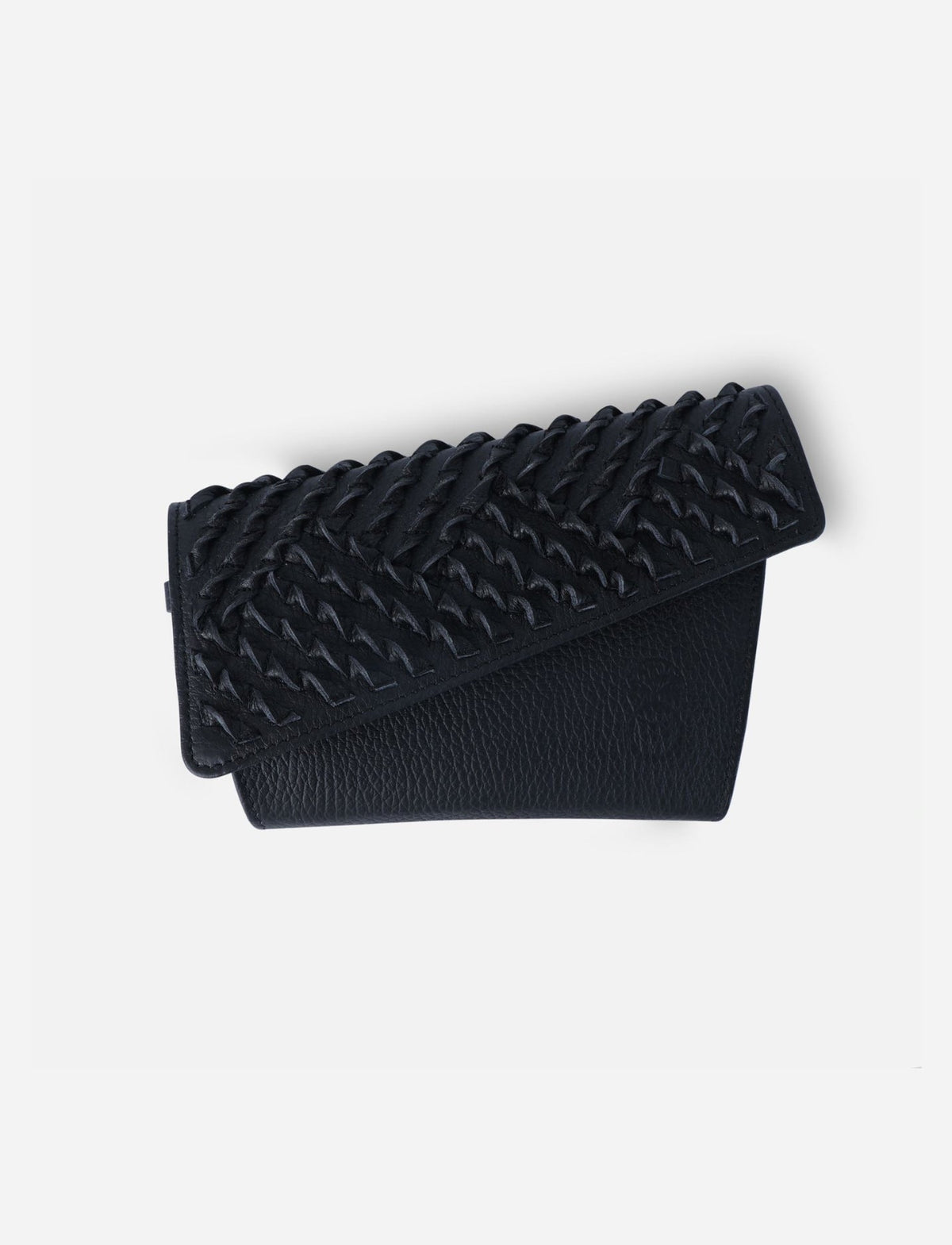 black leather trifold wallet with woven textured flap on white background