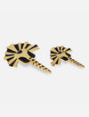 Gold and black enamel handcrafted metal brooches with geometric sunburst and spear design on white background