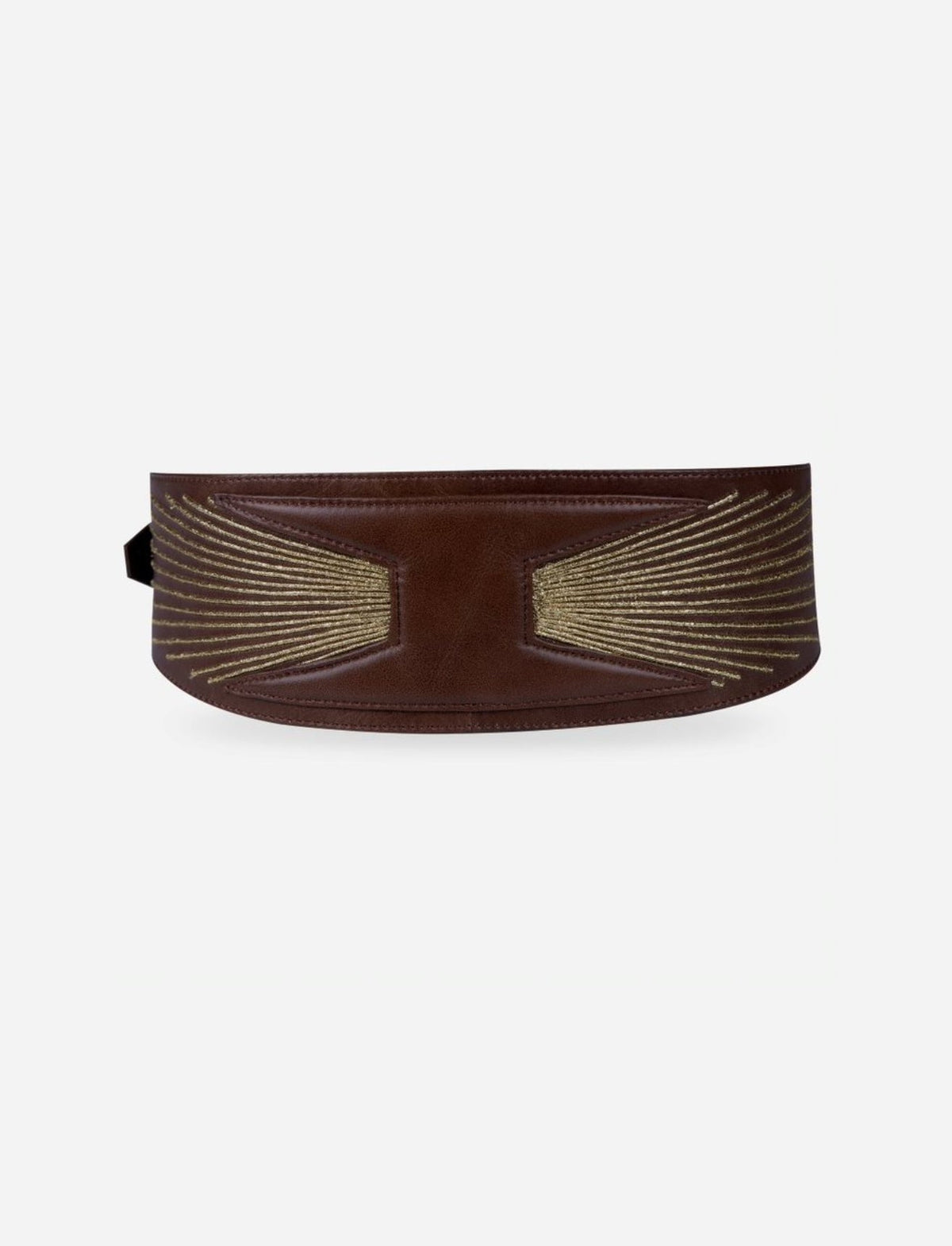 Timeless tan leather waistbelt with golden embroidery and adjustable design on white background